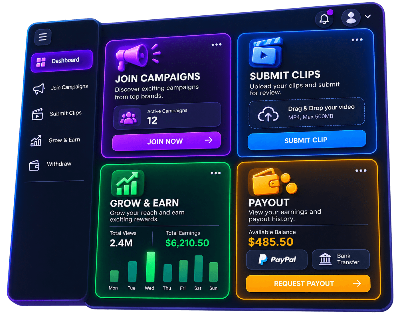 How our video clipping platform works for clippers: join a campaign, post clips, get paid per view